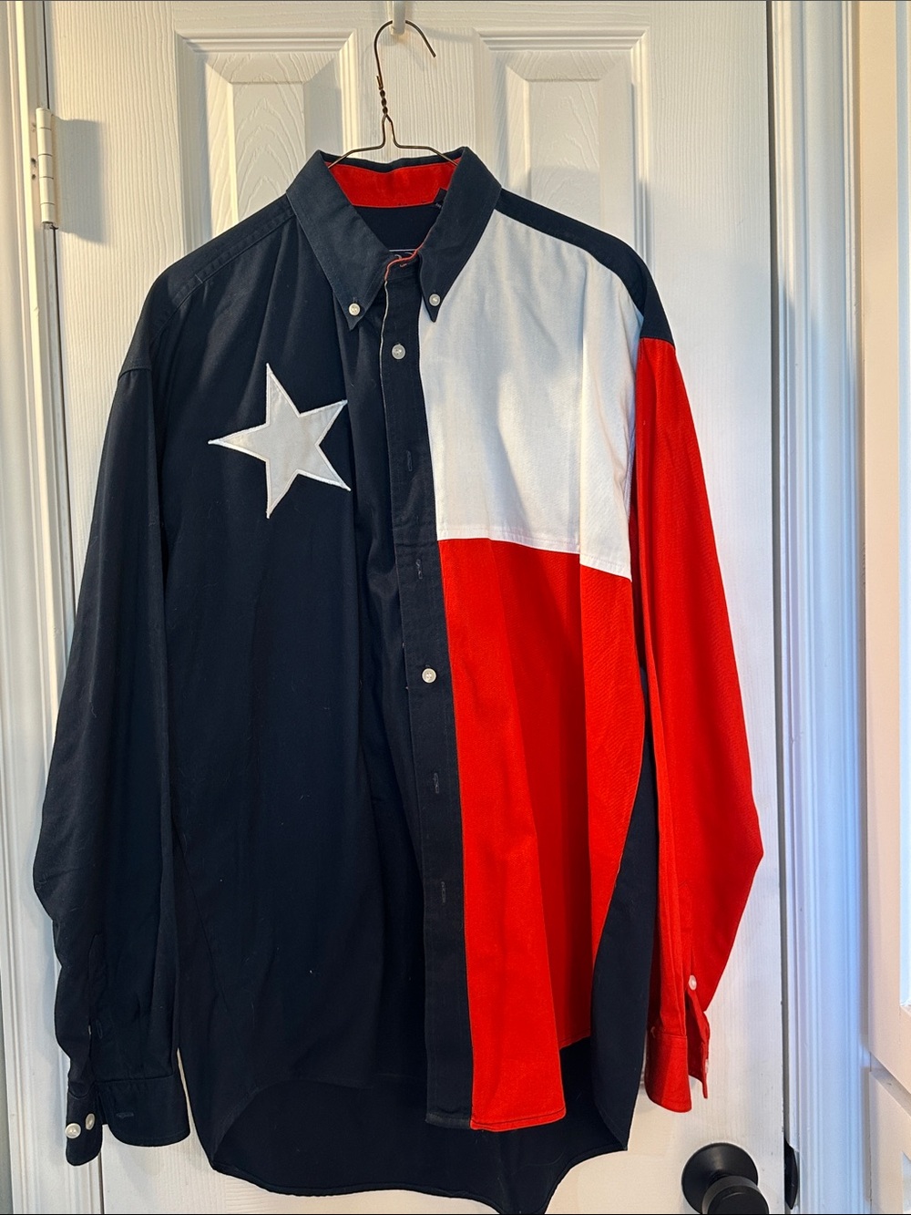 Men's Colorblock Button-Down Shirt Jacket in Red, White & Navy Texas Flag